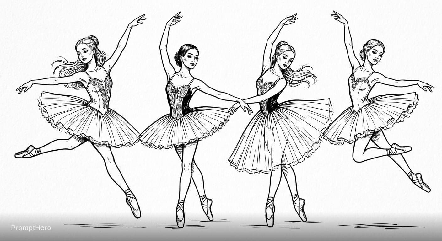 AI generated: This is a black and white silhouette drawing of four women dancing ballet.
The women's faces are bea...