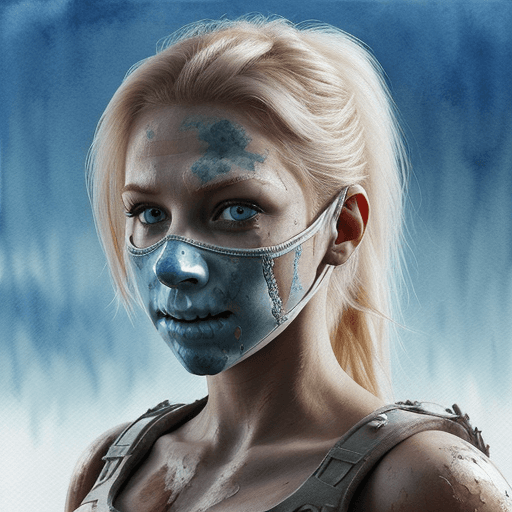 AI generated: Head and shoulders shot of a gorgeous blonde female with ice blue eyes and wearing a face mask with ...