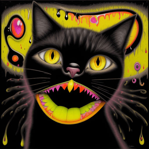 AI generated: A black cat with yellow eyes and glowing teeth, in the style of David Wiesner, John Brack, Robert Ra...