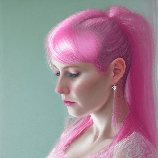 AI generated: A woman wearing pink hair in a pink lace dress, in the style of hyperrealism and photorealism, UHD i...
