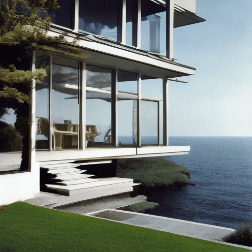 AI generated: Hyper realistic eye level exterior photo of a mid century modern style house overlooking the ocean, ...