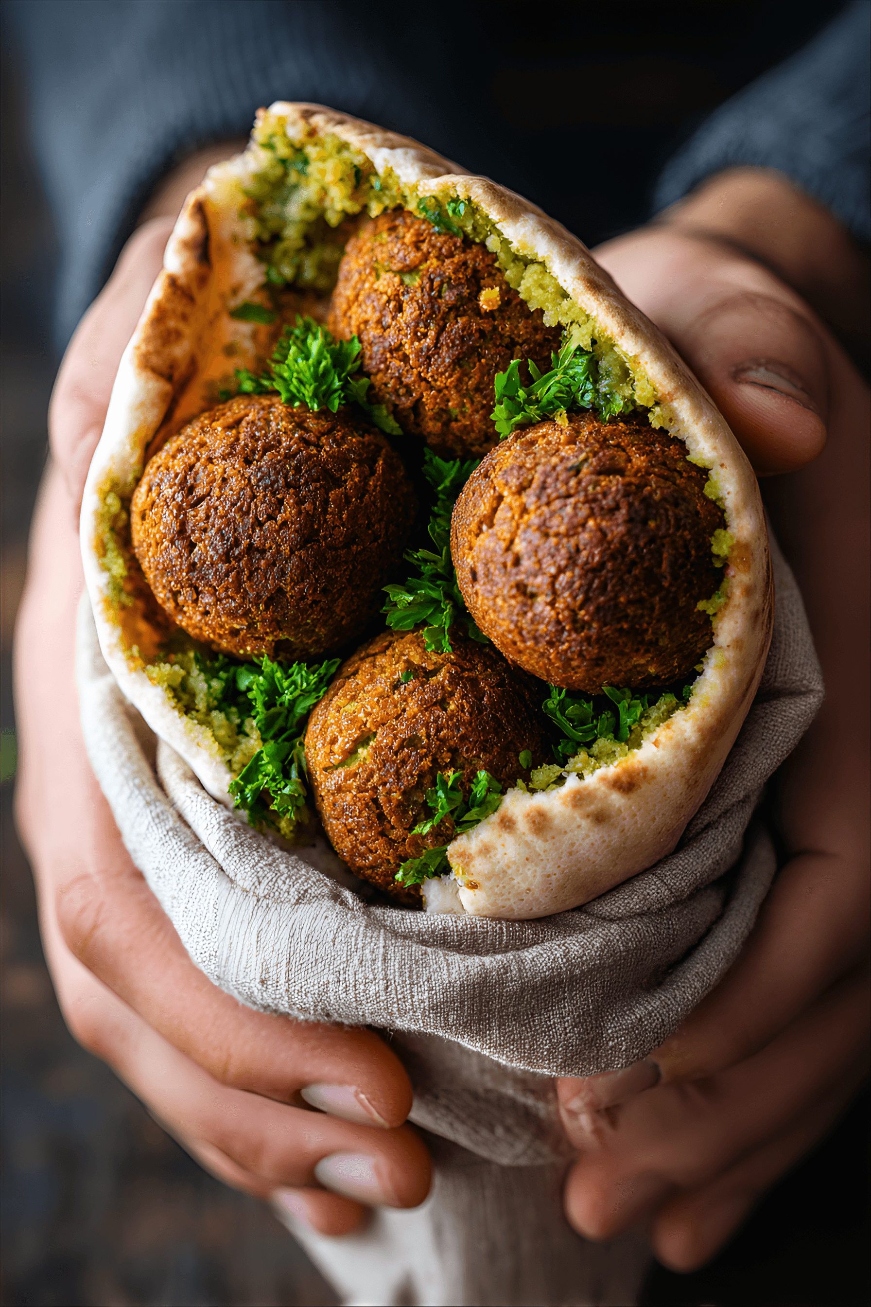 AI generated: falafel in a pita pocket, held in hands,  crispy brown falafel balls with a slightly green interior,...