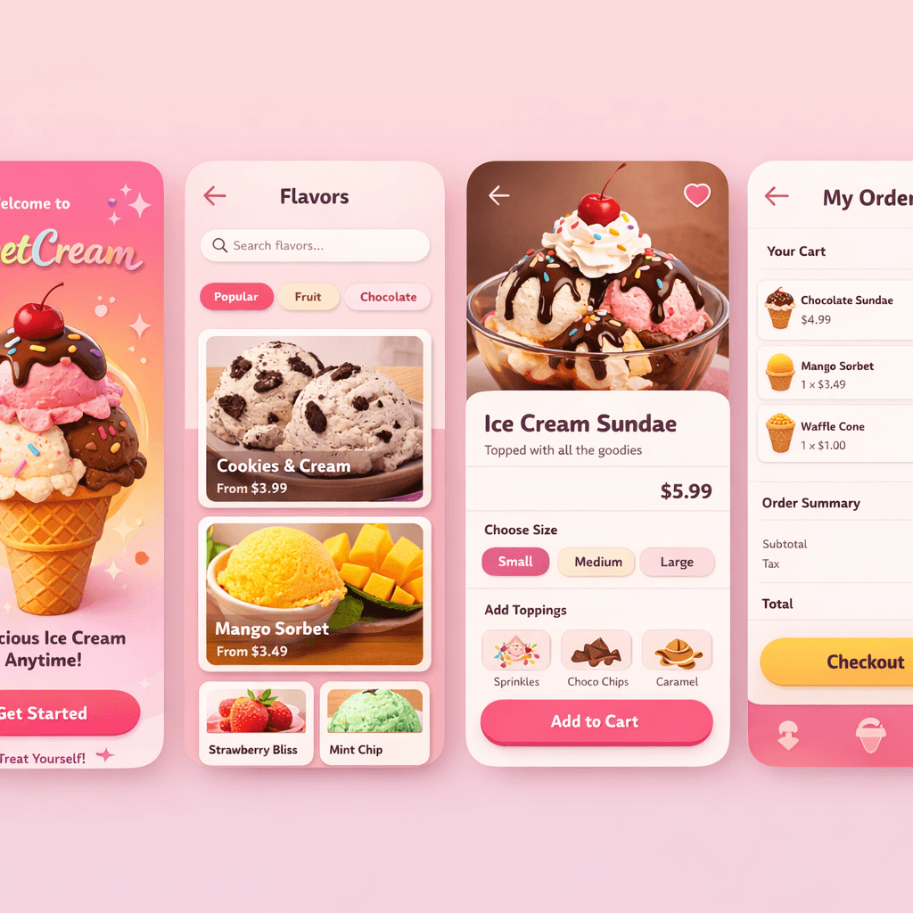AI generated: ui ux for icecreamshop mobile app behance dribbble beautiful color pallete