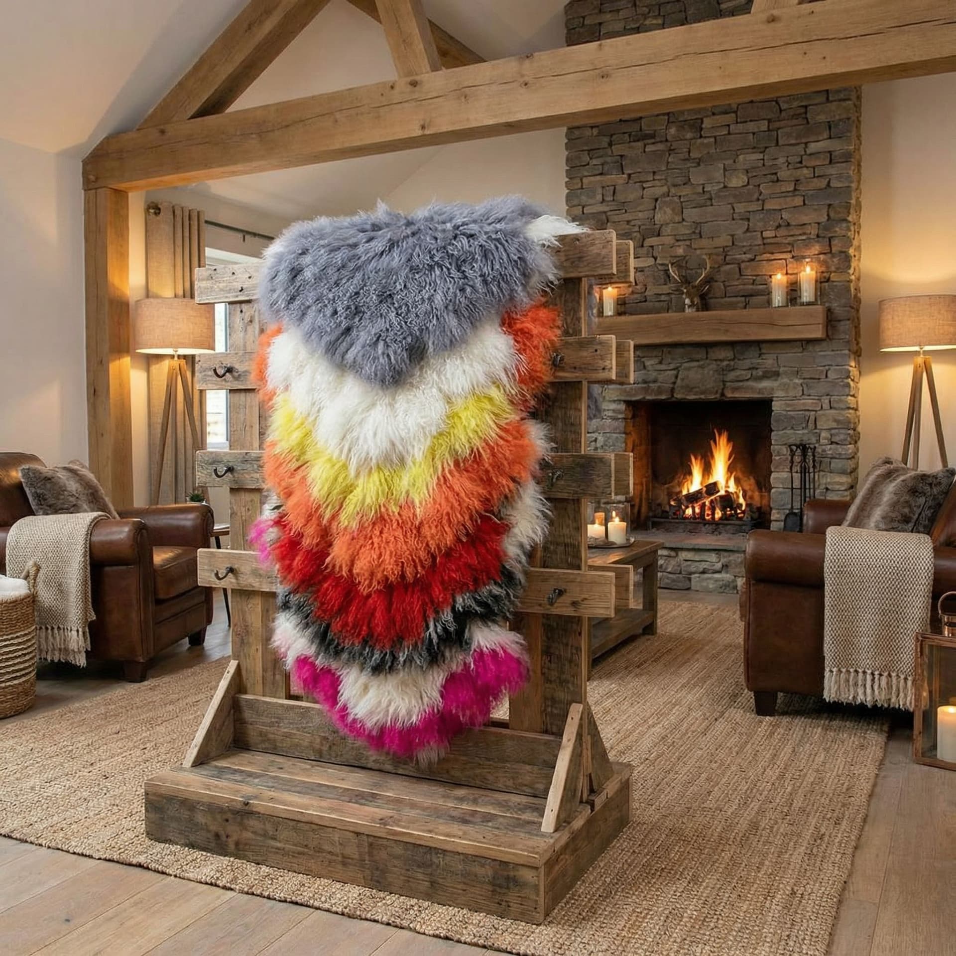 AI generated: put all these fur pelts on a display holder background to a modern rustic interior design look with ...