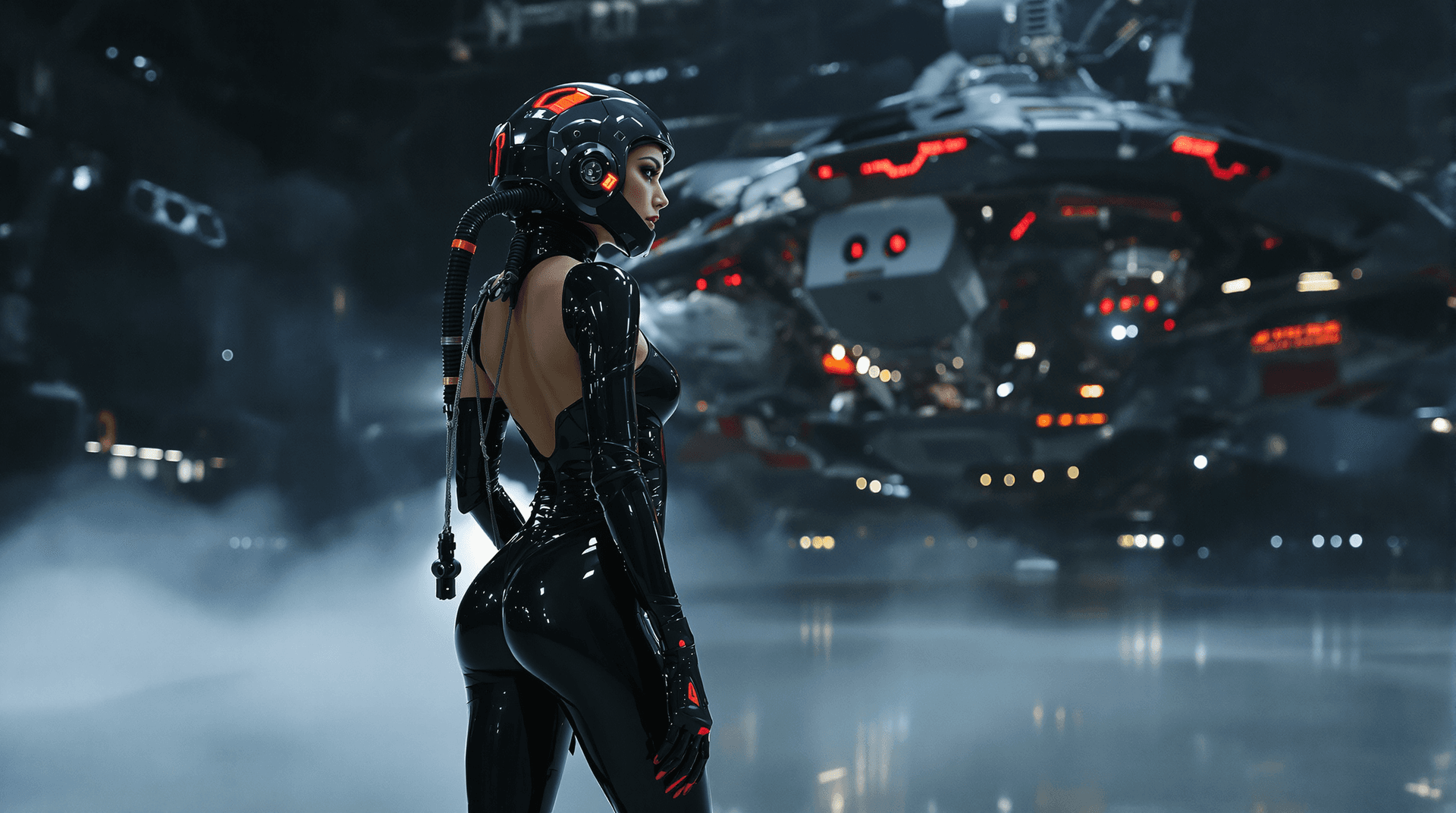 AI generated: A dark futuristic theam: a woman with striking features standing in a dark hangar looking at a space...