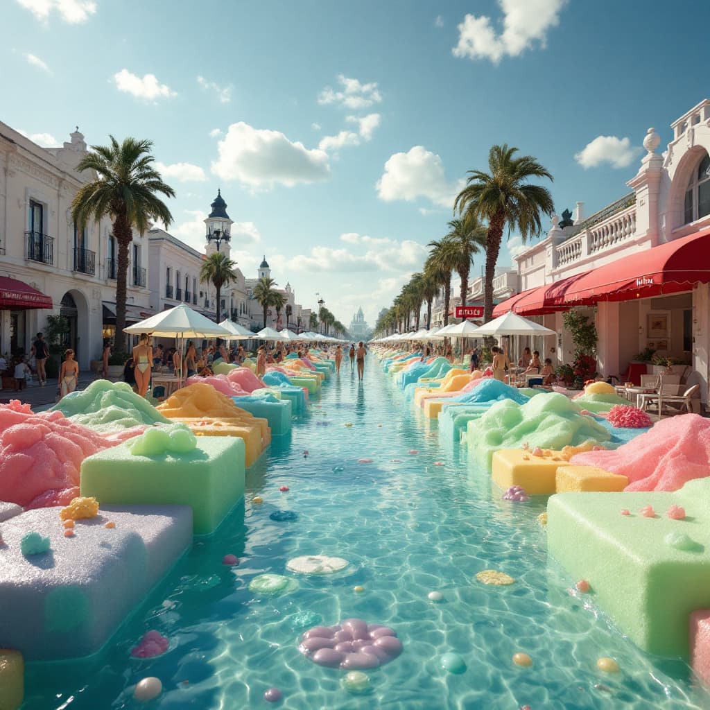 AI generated: a city street  are  made of jello, the people are dressed in radiant swimwear