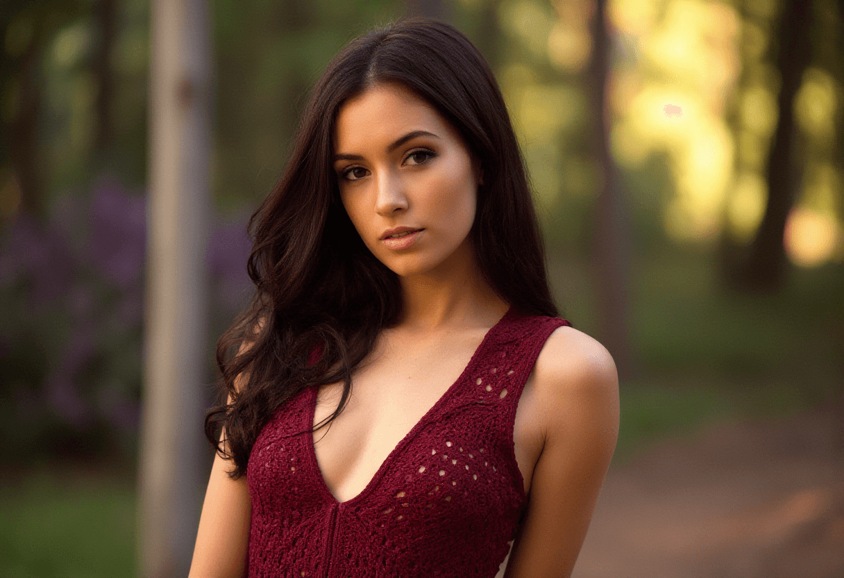 AI generated: A photorealistic portrait of a woman with long, flowing dark brown hair, captured in a natural outdo...