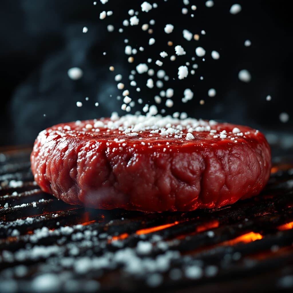 AI generated: This is a close-up photo of a juicy beef patty grilling on a sizzling grill. Crinkle-cut pepper and ...