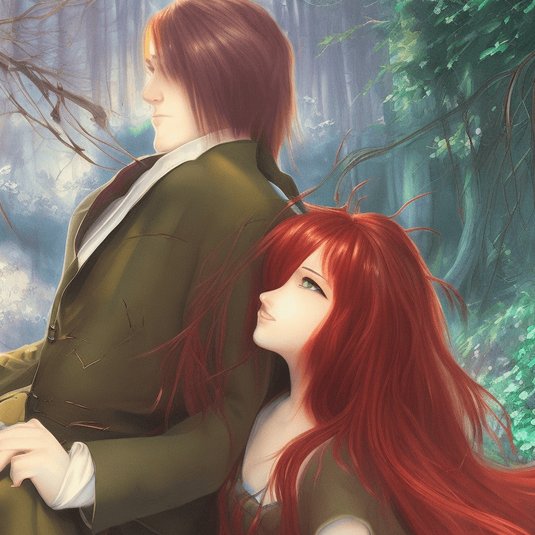 AI generated: a close up of a boy and a girl sitting together and hugging in a forest. girl has long flowing red h...