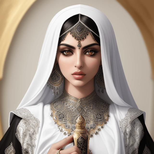 AI generated: a centered Persia fashion model, white, black, intricate background, award-winning photo, hyper-real...
