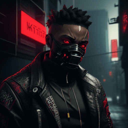 AI generated: angry black male rapper, red eyes, mask, gun, street, cyberpunk, intricate artwork . octane render, ...