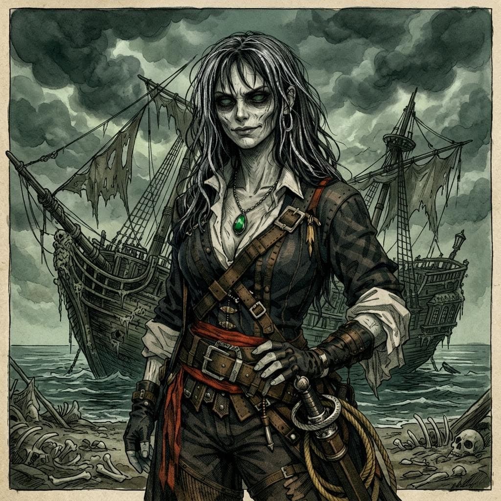 AI generated: a beautiful female pirate that is undead, she has sunken dark green eyes and pale dead skin, with wh...