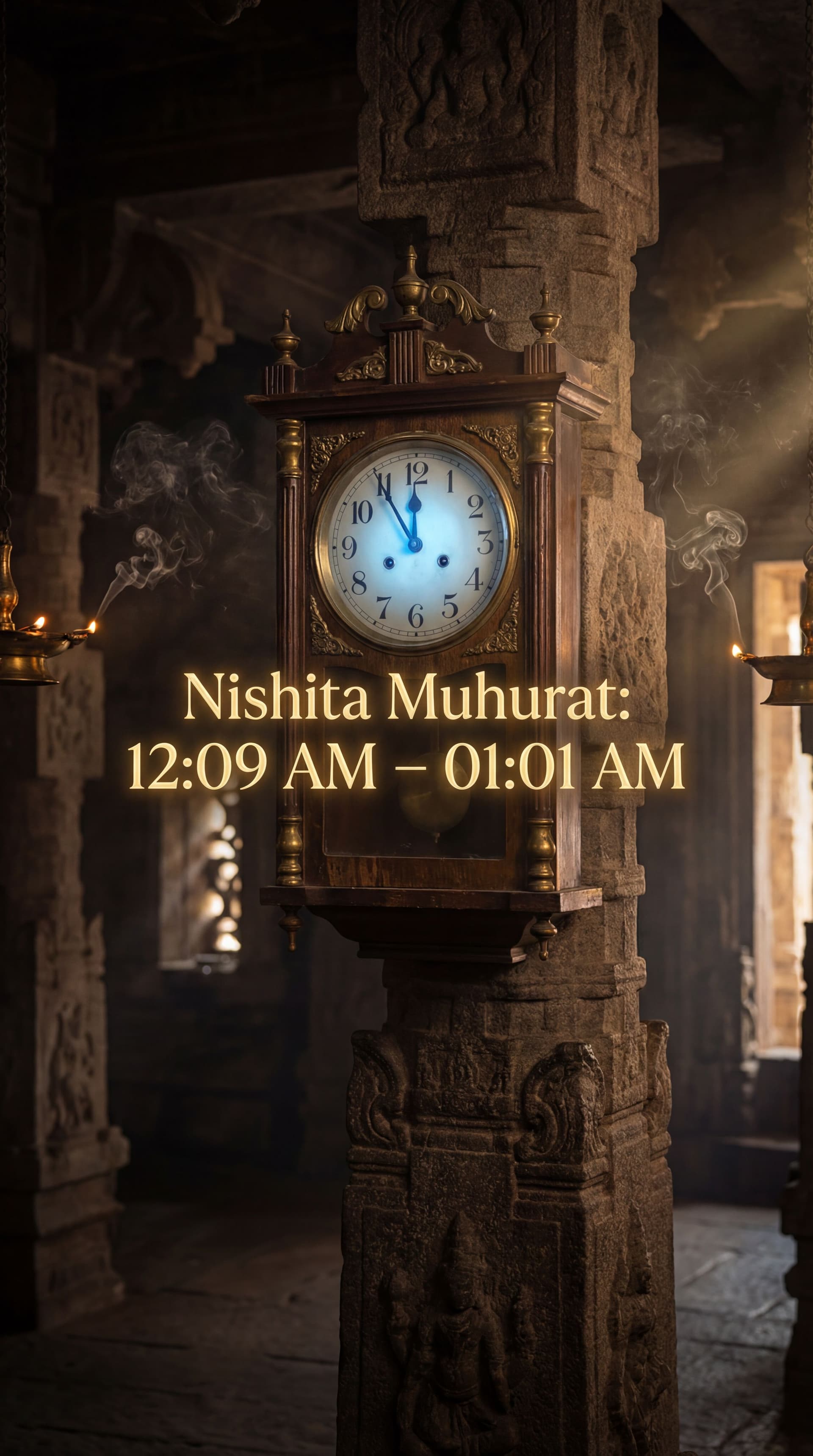 AI generated: Single antique wall clock inside dark temple, hands near midnight position, soft blue divine glow, f...
