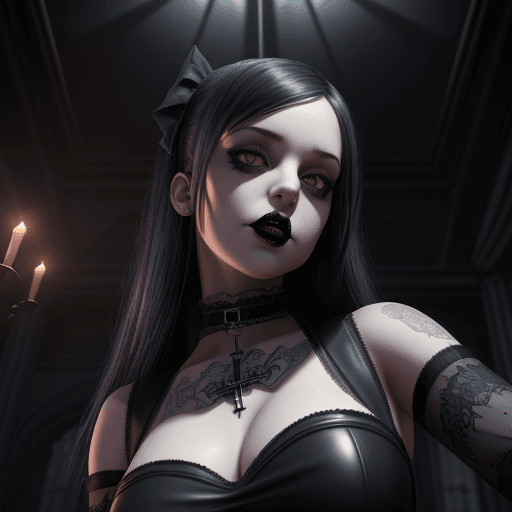 AI generated: Angled photo of a seductive cute young lady wearing goth attire and a sexy mini skirt, looking upwar...