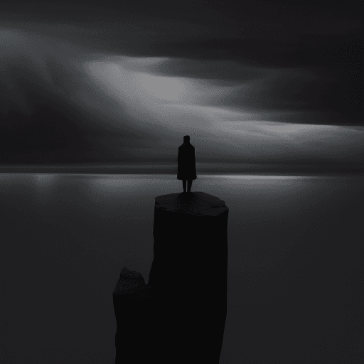 AI generated: Visualize a lone figure standing at the edge of a precipice, looking down into the darkness, represe...