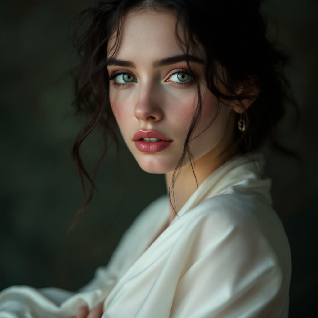 AI generated: Ein verträumtes, aber tief melancholisches Porträt einer eleganten jungen Frau mit dunklem, welligem...