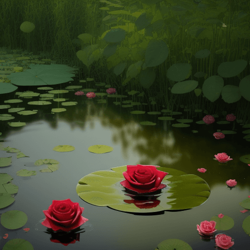 AI generated: A rose falls into a pond and creates a massive effect of ripple and rise of the water, the rose is r...