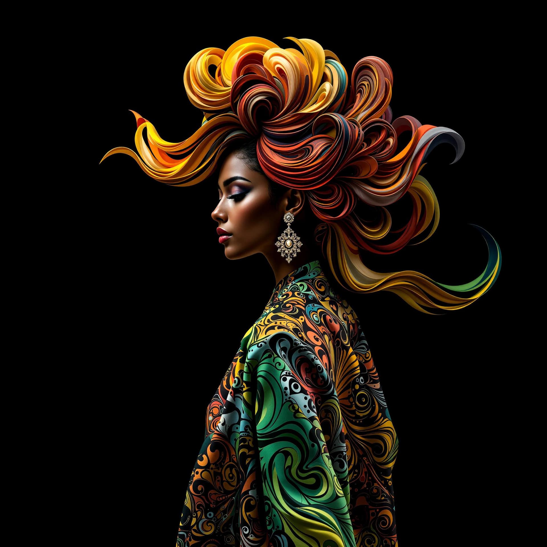 AI generated: Full body of an Indian woman, standing, turn around towards the camera, with a flowing, sculptural h...