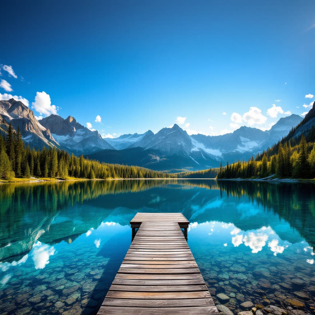 AI generated: A clear, reflective mountain lake surrounded by lush pine forests and towering peaks. The surface of...