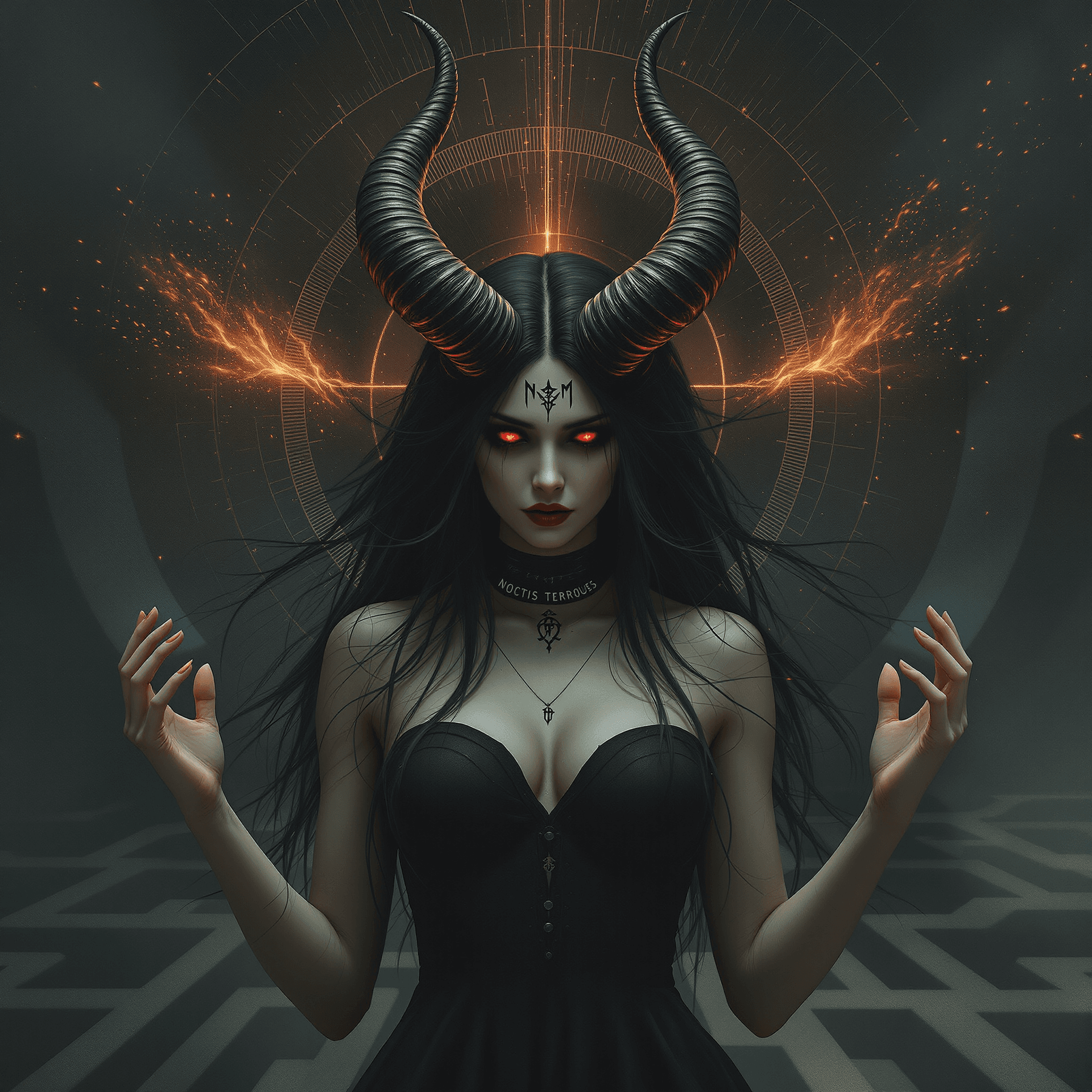 AI generated: A record-album cover, fantasy art: A powerful yet vulnerable female demon, reminiscent of Beksiński'...