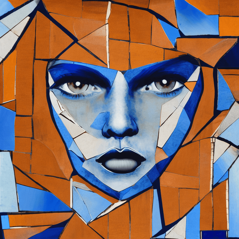 AI generated: A close-up portrait of a woman's face in a mosaic collage style. The woman is facing forward symmetr...