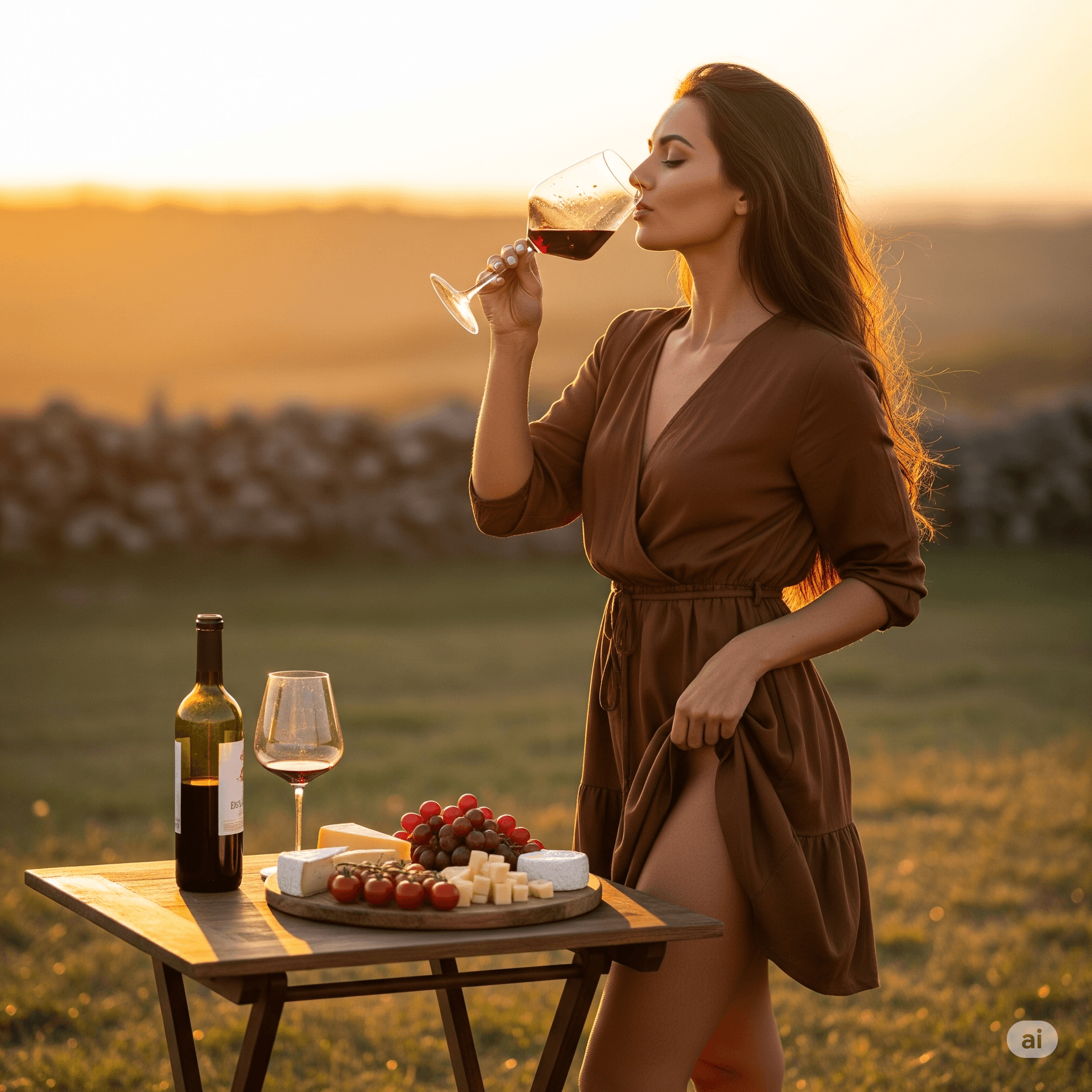 AI generated: A cinematic shot of a beautiful woman standing at a small wooden table in a field at sunset. She is ...
