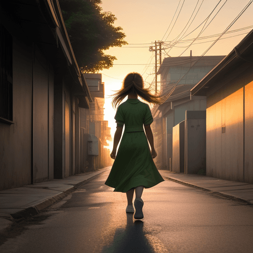 AI generated: A girl walking on empty street, low angle  , 4k , sunrise in morning, greenary, wallpaper size