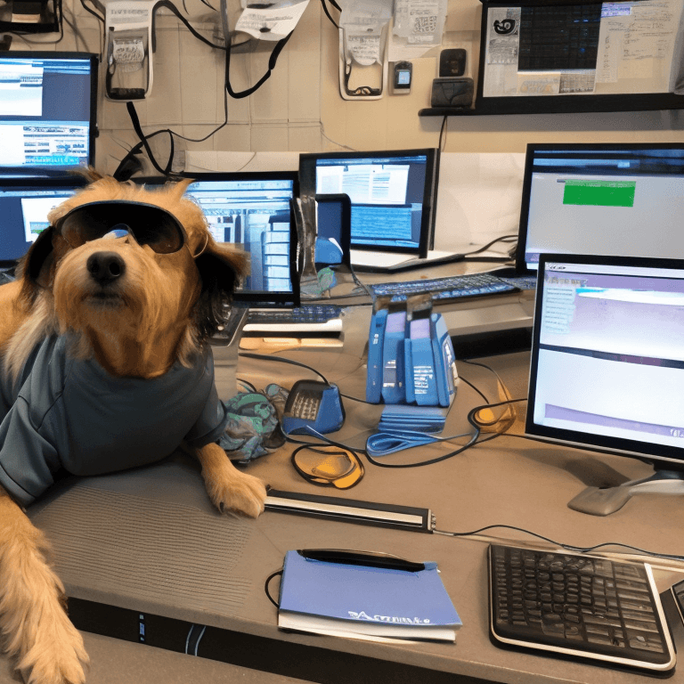 AI generated: small dog wearing  t shirt that says ACTURIS
,surrounded by computers and server