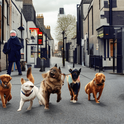 AI generated: Dogs humanoids cyberpunck with background London pub Miyazaki Pitctures

