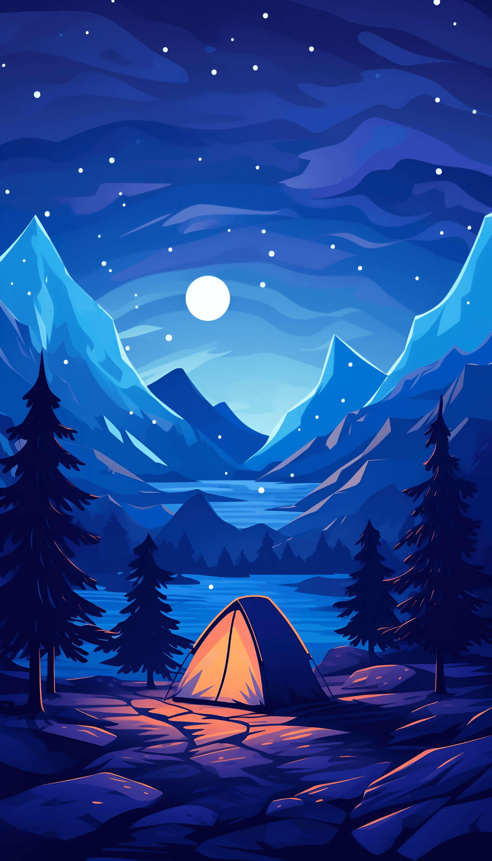 AI generated: Illustration of A starry night camp in the mountains. Low-angle view, Minimal background, Geometric ...