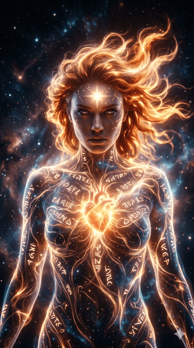 AI generated: A radiant cosmic woman made of glowing filaments, luminous runes, a blazing heart-core, and flowing ...