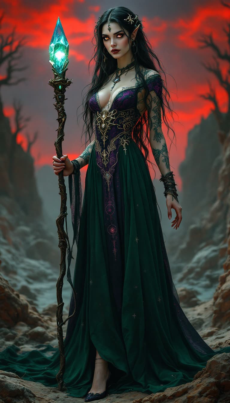 AI generated: An ultra-realistic, full-body portrait of a captivating sorceress woman, radiating an aura of ancien...