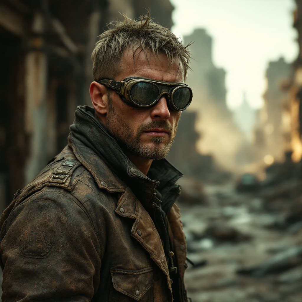 AI generated: "A lone survivor in a post-apocalyptic world, worn leather jacket, dust-covered goggles, standing in...