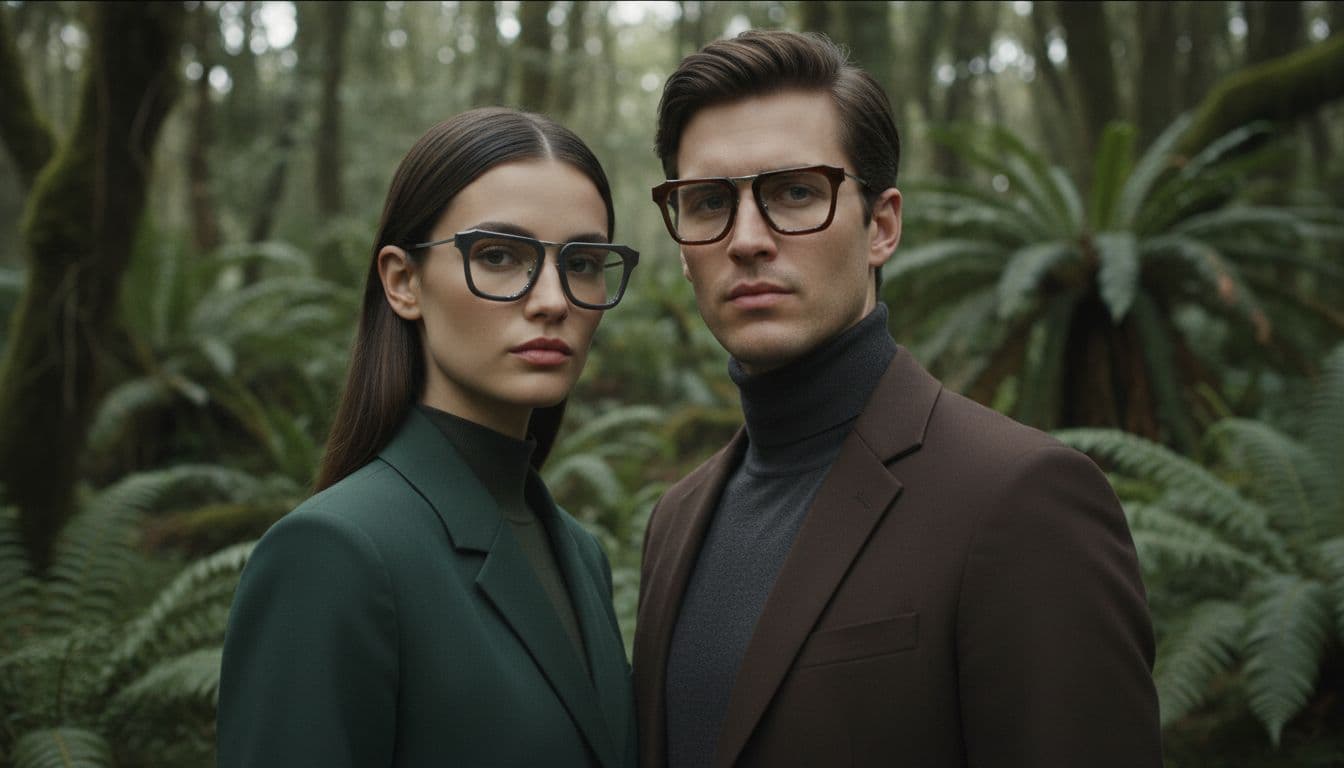 AI generated: Professional outdoor fashion photoshoot, close-up portrait of a man and a woman looking straight,  s...