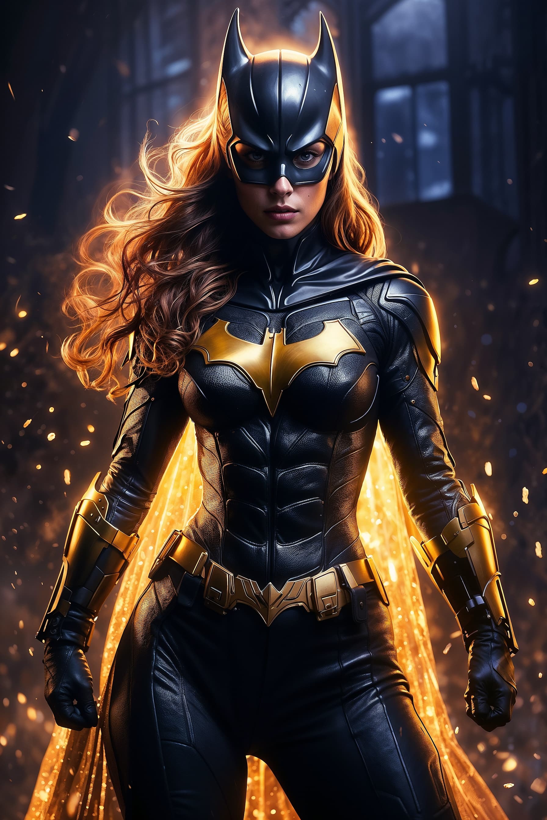 AI generated: ((Long Exposure Photography)) high quality, highly detailed, Batgirl, DC Universe, slim body, long h...