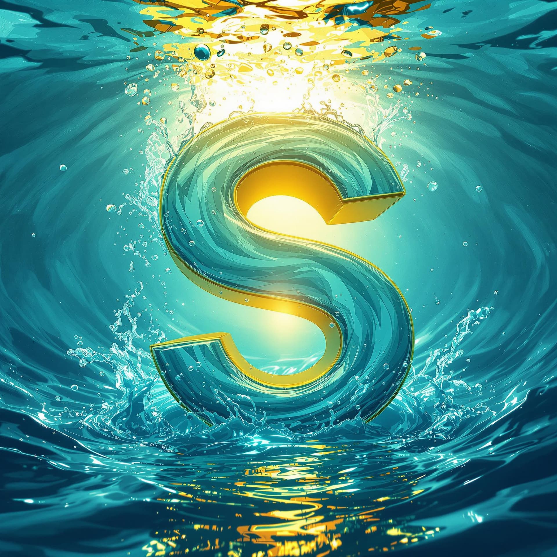 AI generated: 3D render of the letter [S], periwinkle and canary yellow color blend, under the water, swirling wat...