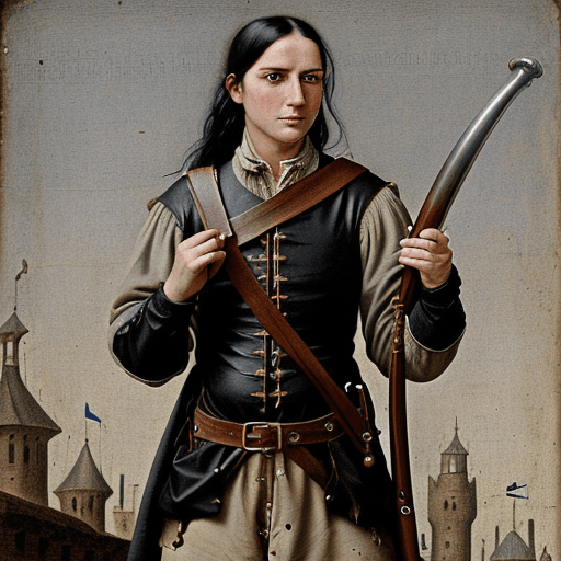 AI generated: big musket in hand, medieval, engineer, art, leather jerkin, renaissance, dirty looking, Pouch over ...