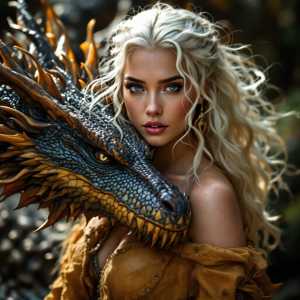 AI generated: Daenerys Targaryen with dragon :: Game of thrones, George R.R. Martin, ultra-wide shot, photorealist...