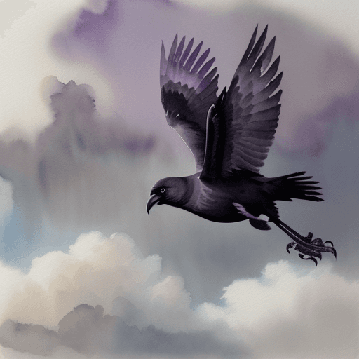 AI generated: watercolor with high water content, hazy painting of a close up crow in flight through clouds, with ...