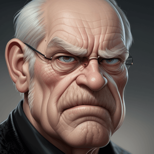AI generated: expressive caricature in pixar style unreal charming seemingly mischievous irritated very old man wi...