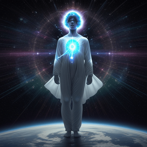 AI generated: man standing on universe, with a spirit in him which is covered by a Holy Spirit, Holy Spirit is con...