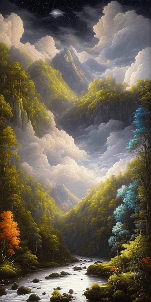 AI generated: an endless mountain range on the background, covered full with lush green forests and life, blue sky...