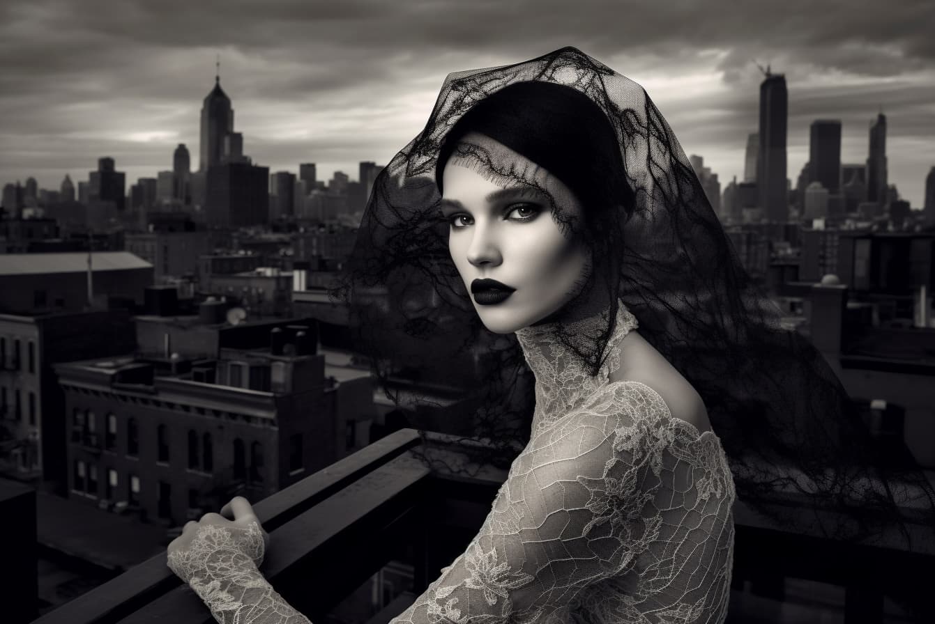 AI generated: a black and white photo of a beautiful woman with a veil over her head, vogue cover style, new york ...