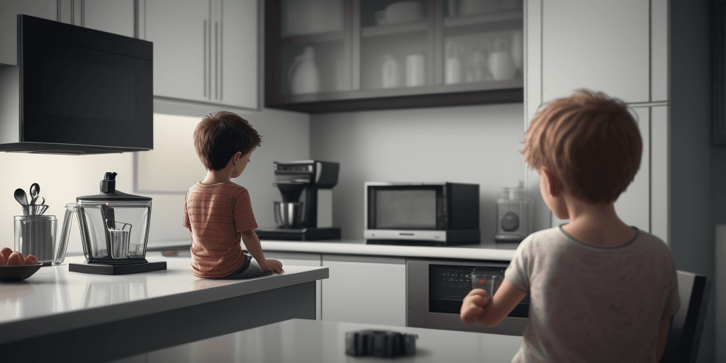 AI generated: A mother using a blender in the kitchen while her son watches television(TV) , cinematic, hyper real...