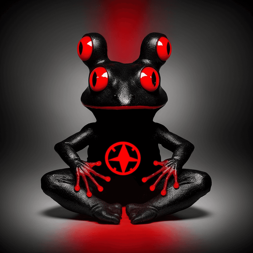 AI generated: ocult satanic BREAK a black and red frog made of electrical glitches and hacking effects