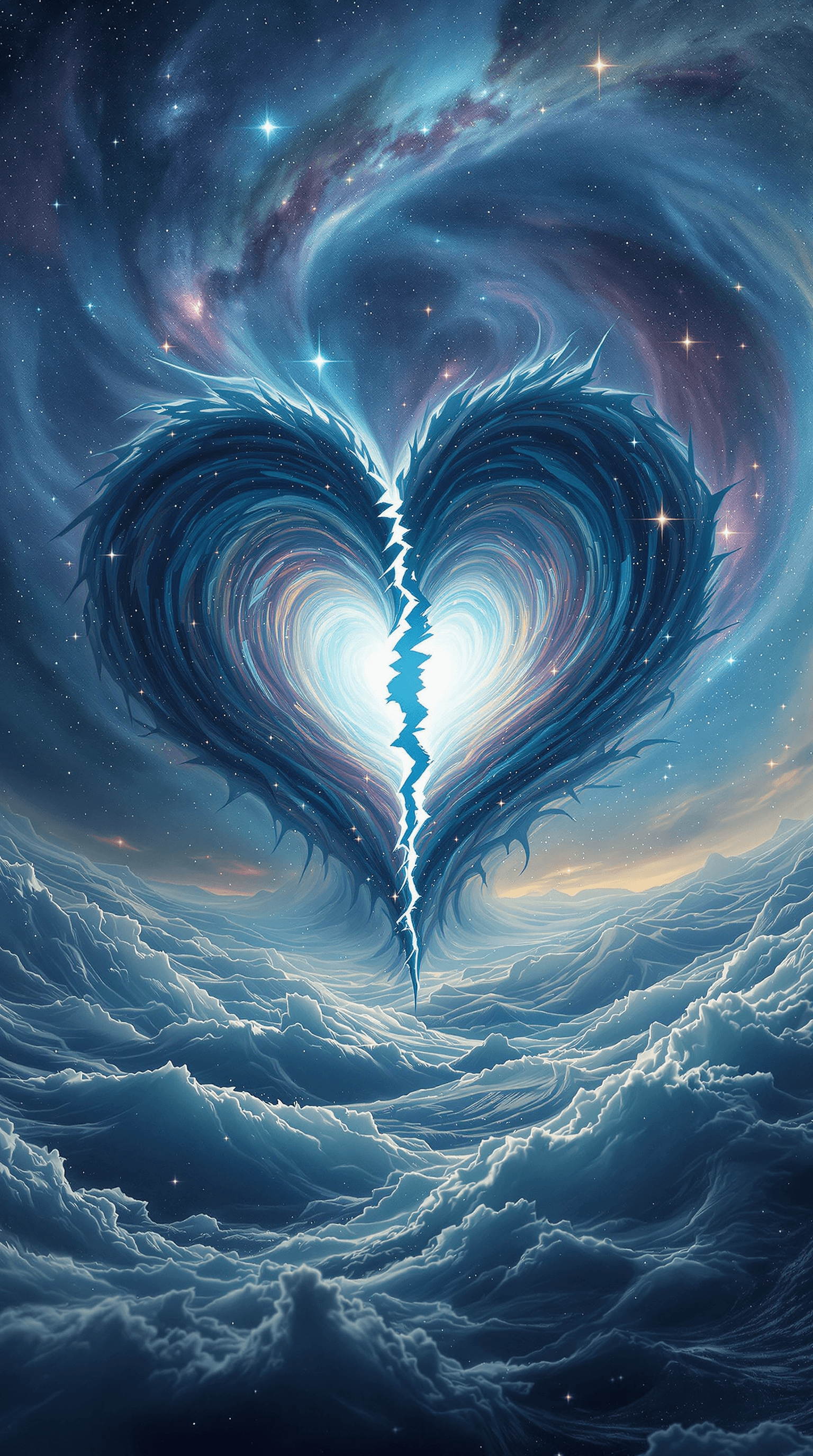 AI generated: (Loveheart Eye open) :: Swirling hyperrealistic hyperspatial vortex tornado of broken loveheart, eac...