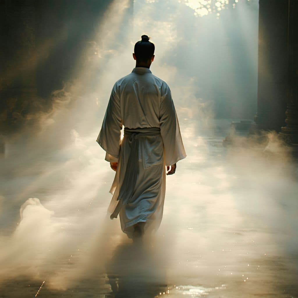 AI generated: A fine art, hyper-realistic, cinematic image of a man wearing a white long cotton robe with a sash, ...