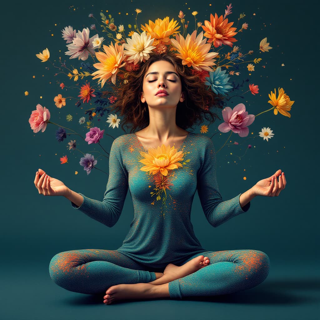 AI generated: Blooming expressive human body of a woman, meditation pause, different emotions such as sad, happy, ...