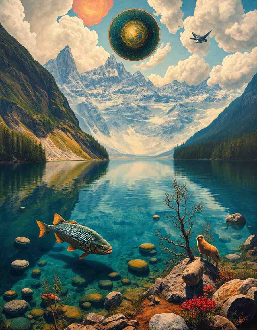 AI generated: a surrealist painting like dali, breton, ernst, miro, of a magical mountain lake that is also home t...