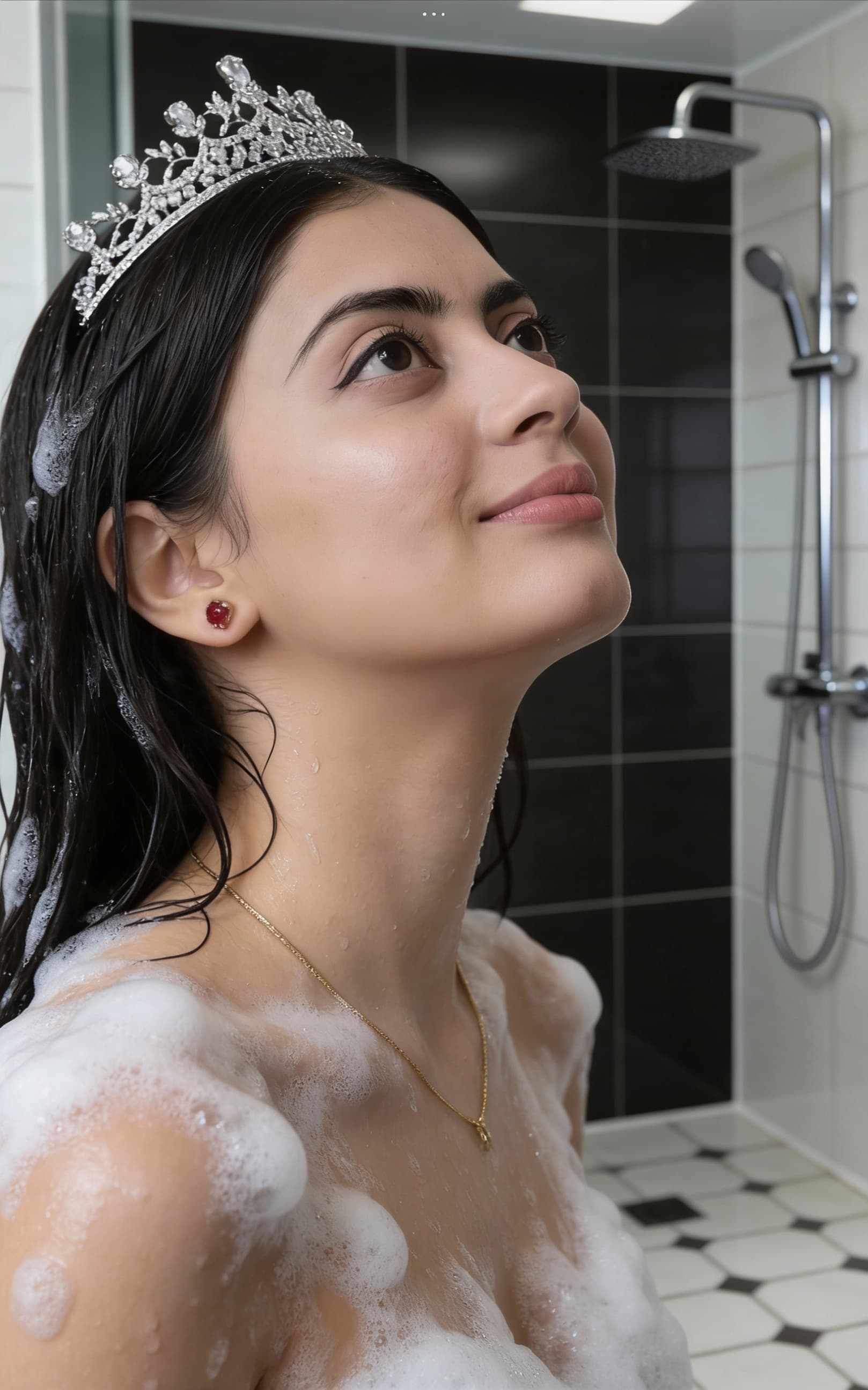 AI generated: The image shows an adult woman in a tiled shower area. She is wet and covered with soap suds across ...